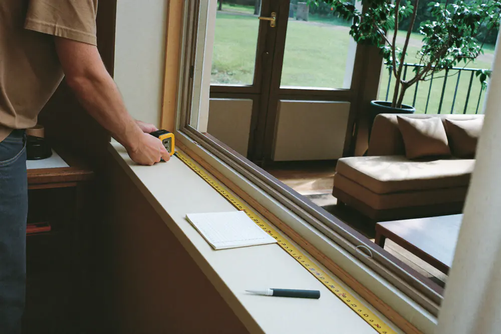 Vakman meet een kozijnopening op met een rolmaat in een woonkamer