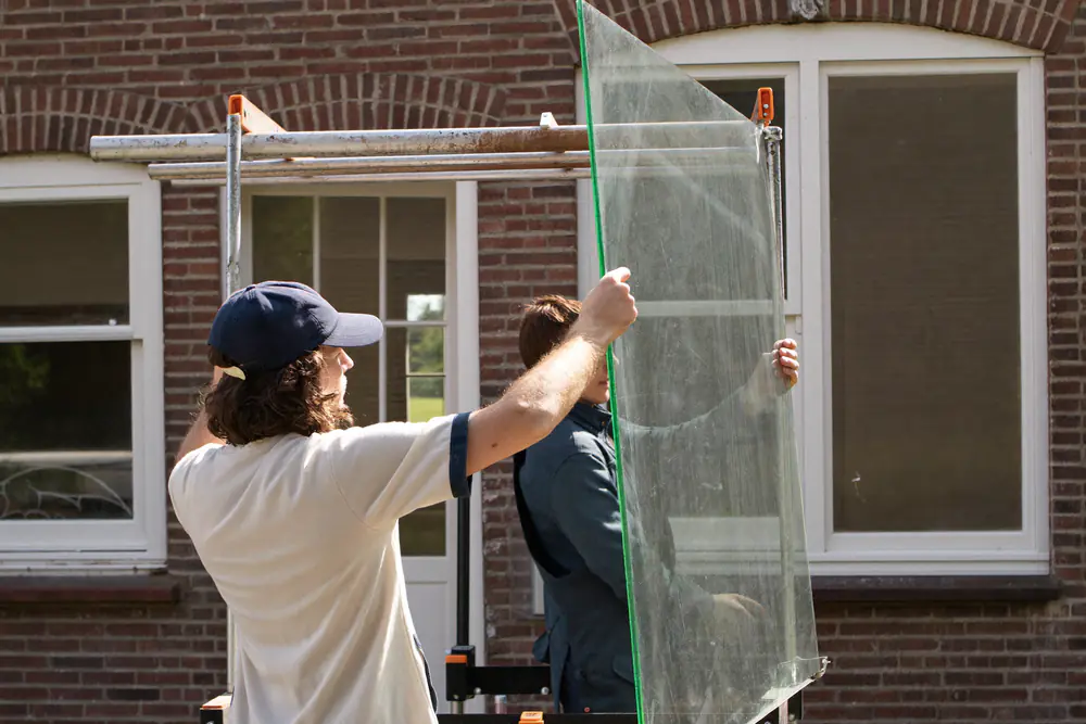 Twee glaszetters dragen een grote ruit glas naar een woning waar het kozijn wordt vernieuwd